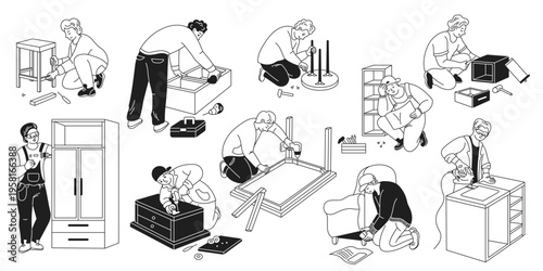 Illustration of individuals assembling furniture pieces with focused expressions. Black and white line art with simple shapes. Perfect for DIY and interior design concepts.
