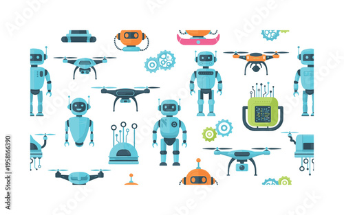 robots and AI motifs seamless pattern, repeating pattern, surface design, textile print, modern illustration of humanoid robots, drones, and futuristic
