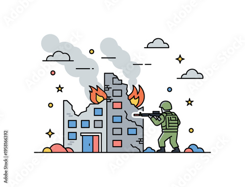 Conflict scene with a soldier watching a damaged building burn while smoke spreads across the sky. The moment captures the dramatic atmosphere of a war torn