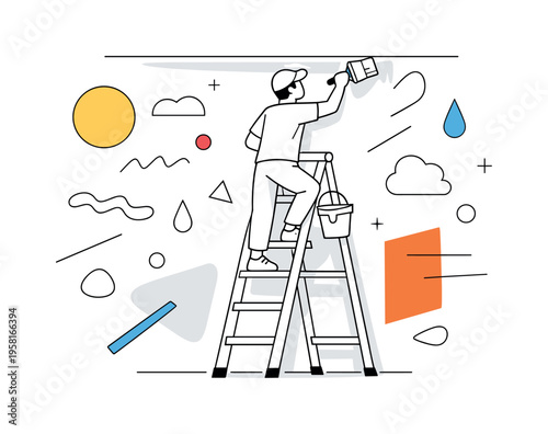 Creative Home Update. Person on a ladder painting upper wall edges, steady and focused. Abstract droplets, lines, and color blocks emphasize creativity and