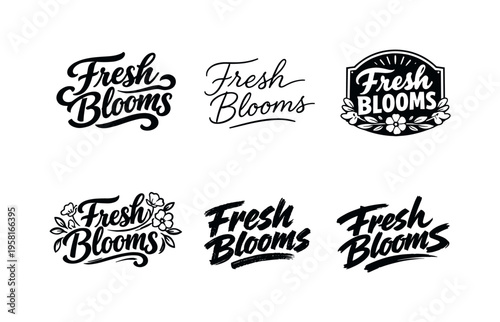 Fresh Blooms. Set lettering. harmonious lettering variations of the same emblematic concept, each with different artistic interpretation (Bold hand-lettering