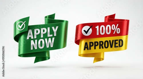 Shiny 3d ribbon labels featuring apply now and 100 percent approved text for business marketing campaigns and financial loan services on a clean white background with professional glossy metallic