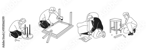 Illustration of people assembling furniture. Simple and clear style with monochrome colors. Useful for DIY tutorials or furniture assembly guides.