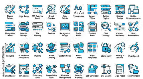 CMS Website Admin Icons Set in Hand-Drawn Blue Style. Collection of web management Linear Icons, including SEO, SSL, domain, code, security, mobile, plugins, analytics, api
