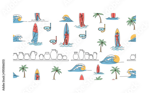 Tropical water sports vacation seamless pattern, surfers paddle boards snorkeling masks waves and palm trees arranged in a repeating pattern, white background