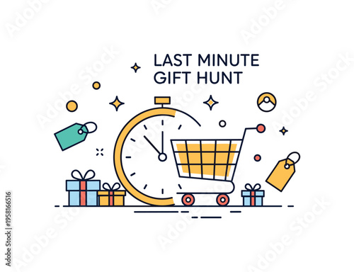 Last minute gift hunt clock icon subtly integrated with a shopping cart and scattered gift tags suggesting urgency. A compact editorial illustration about time