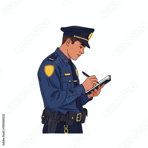 Uniformed officer with badge on chest and utility belt writes in a notepad