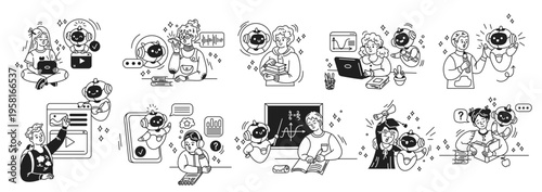 Illustration of students interacting with artificial intelligence in educational settings in minimalist black and white style. Displays learning activities and tech integration in classroom.