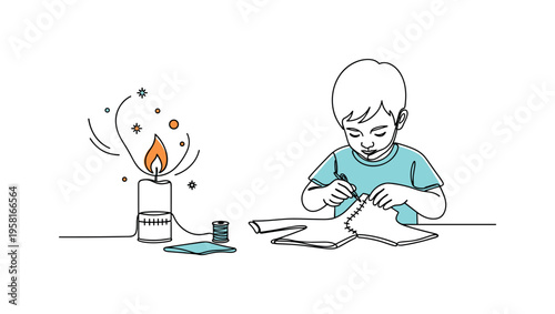 Kids Crafting Sustainable Clothes. Minimalistic one-line drawing child stitching fabric scraps into a creative DIY garment, continuous single black line on