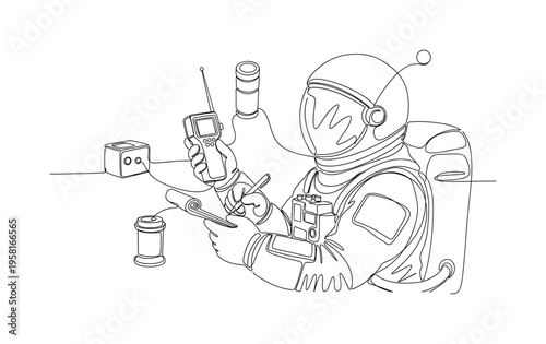 Cosmic Radiation Analysis. Minimalistic one-line drawing astronaut documenting readings from radiation instruments for human health study, continuous single