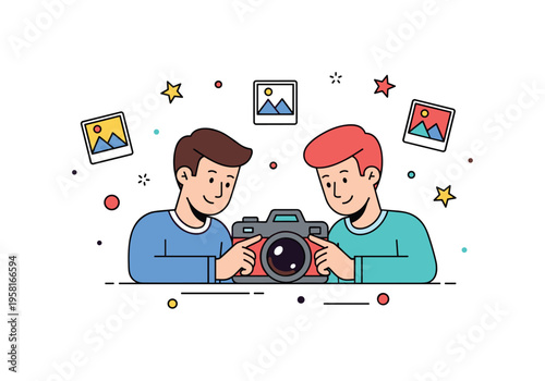 Camera club friendship two hobby photographers comparing images on a camera while decorative stars and small photo icons suggest creativity and enthusiasm.