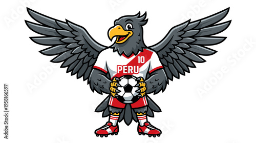 Peruvian themed mythical bird mascot wearing a soccer uniform holding a ball and showcasing national pride with dynamic wings