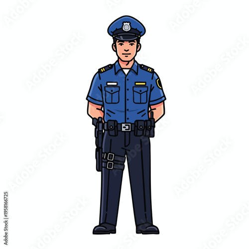 Cartoon illustration of a male police officer in uniform, standing attentively
