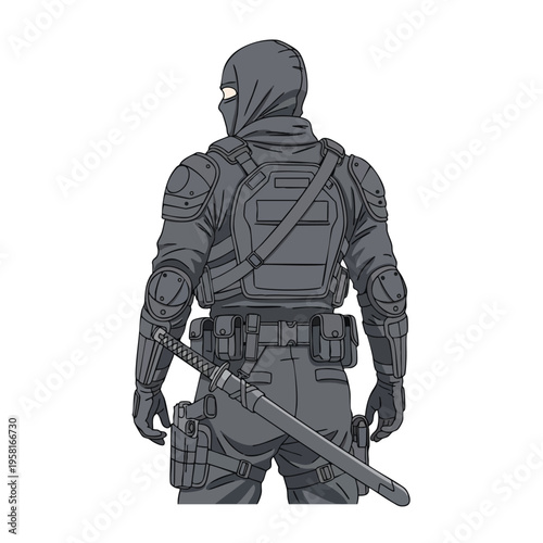 A solitary, masked soldier in dark tactical gear, armed with a sword
