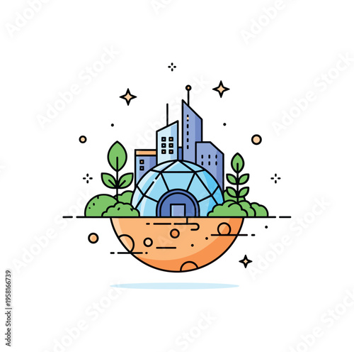 Future habitable world concept showing a small dome city surrounded by new vegetation growing on a once barren alien planet. Gentle star accents highlight the