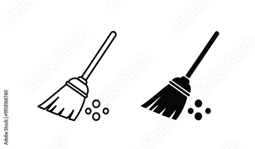 Silhouette of two brooms sweeping dust and debris in a simple black and white illustration