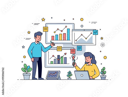 Marketing professionals brainstorming over visual dashboards with graphs and small sticky notes, showing creative thinking, planning, and teamwork. Minimalist