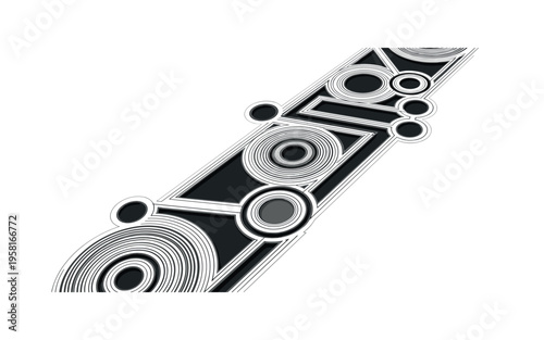 garden pathway, geometric lines circles and abstract blocks emphasizing structure and tranquility, black and white retro realistic path layered with white