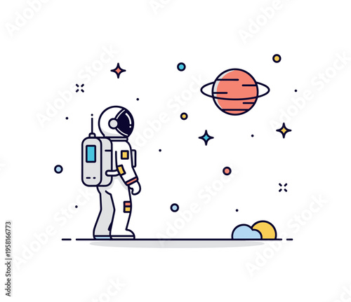 Human destiny in space final stage of evolution depicted as an astronaut gazing at a distant planet and star filled sky. Poetic visual metaphor of humanity?s