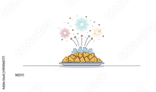 Nachos Snack Plate. Minimalistic one-line drawing simple plate filled with nacho chips ready to eat, continuous single black line on white background, simple