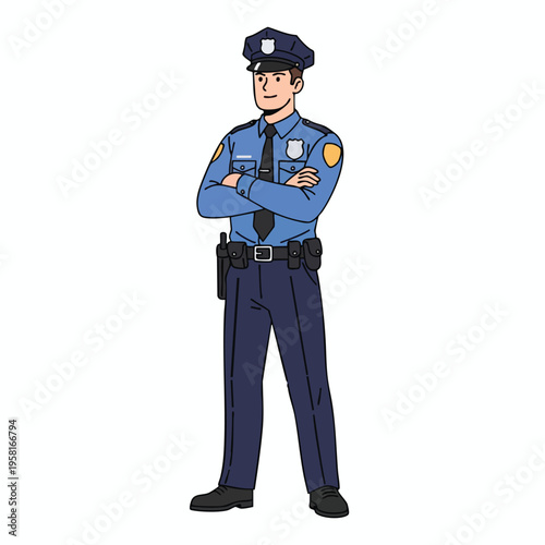A confident, cartoon-style male officer stands with arms crossed on white background
