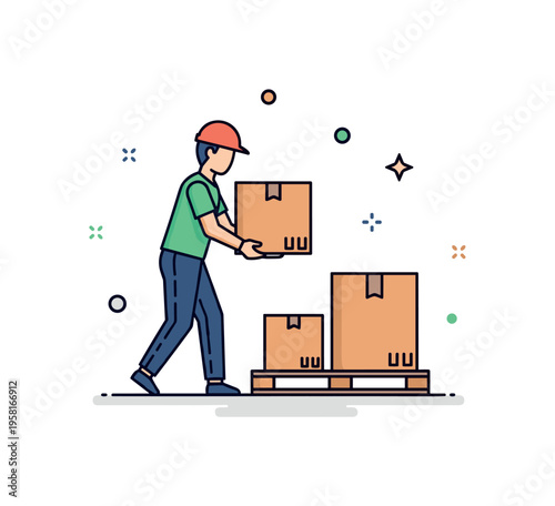 Manual materials handling practice showing a worker carefully lifting and placing boxes onto a pallet. The scene reflects workplace safety and proper handling
