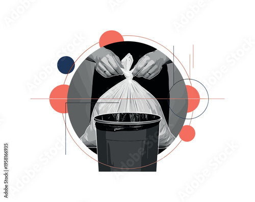 black-and-white retro hands tying a garbage bag knot above a trash bin, geometric circles and thin lines suggesting containment and order, coral and navy