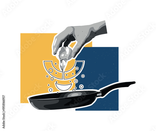 black-and-white retro hand cracking an egg into a frying pan, geometric semicircles and dots representing the falling egg white, mustard yellow and navy blue