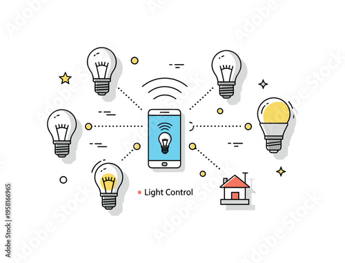 Connected lighting ecosystem several smart bulbs linked together with dotted signal lines while a smartphone icon manages the network. A tiny label Light