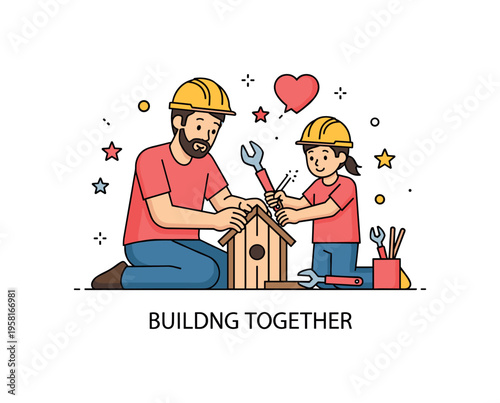 Building project together father and child assembling a small wooden birdhouse with tools arranged nearby. A heartfelt concept badge about teaching practical