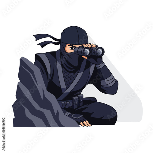 A stealthy figure in dark attire crouches behind a rock, peering through binoculars
