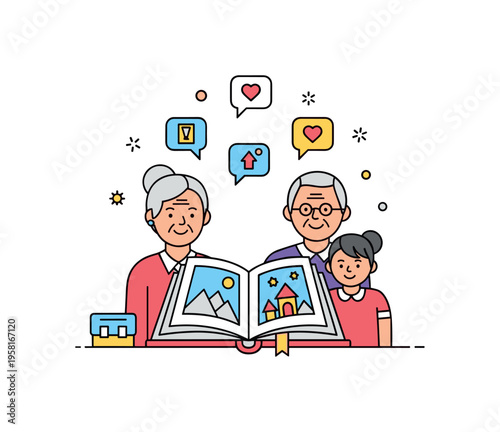 Family history storytelling warm home scene where an open photo album sits between a grandparent and child while small memory icons and speech bubbles with