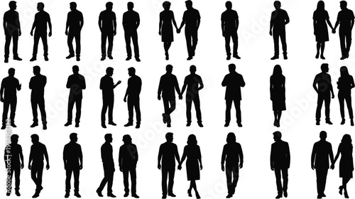 Collection of male and female silhouettes walking standing couples and individuals people figures isolated on white background minimal flat vector illustration modern set