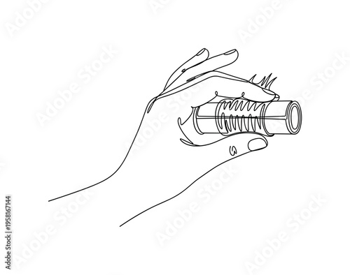 Curly Hair Creation. Minimalistic one-line drawing hand holding section of hair rolled for perm, continuous single black line on white background, simple