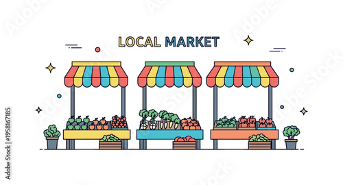 Local street market with colorful awnings, fresh fruits and vegetables displayed on tables, tiny motion accents and decorative stars conveying community warmth