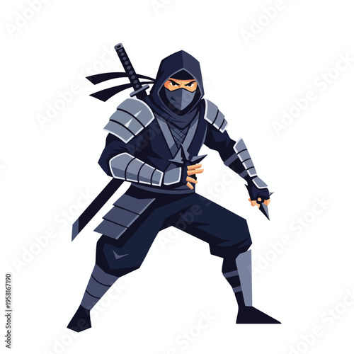 Fierce warrior in dark ninja attire, mask, hooded, with sword and shuriken