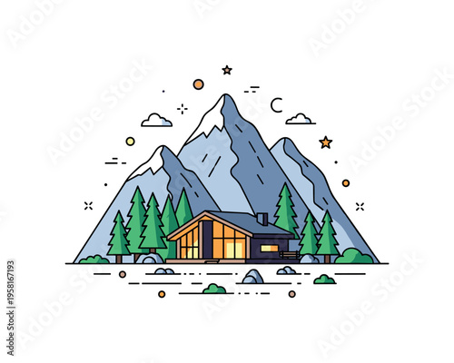 Luxury nature lodge surrounded by mountains and pine trees with a modern cabin glowing warmly in the center. The visual communicates high end wilderness