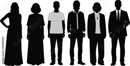 Diverse group of standing people silhouettes full body figures men and women different styles isolated on white background minimal vector illustration set
