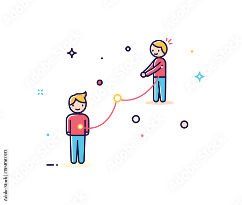 Fragile connection moment where a glowing thread links two small figures while the thread appears thin and delicate. The emotional metaphor reflects