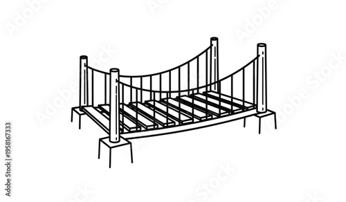 Silhouette of a small suspension bridge with a wooden deck and metal railings
