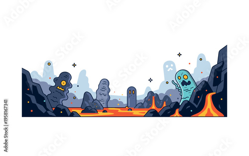Dark fantasy underworld landscape featuring strange distorted beings emerging from rocky lava fields. The scene suggests a mysterious hostile realm filled with