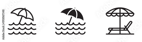 Beach umbrella icons set for summer vacation leisure travel and outdoor relaxation in flat outline linear style
