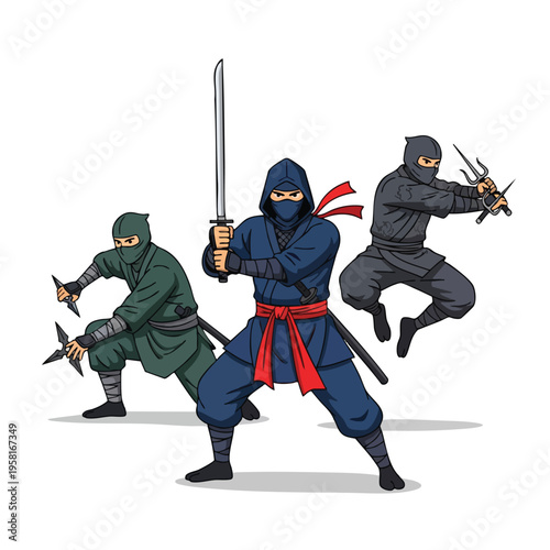 Three stylized warriors in traditional ninja attire, armed with swords and throwing stars