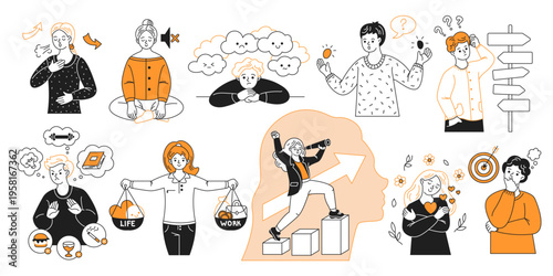 Collection of characters depicting emotions and mindfulness in cartoon style. Orange and black colors enhance themes of balance, growth, and selfawareness.