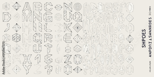 Geometric alphabet art stylized letters and numbers in linear design