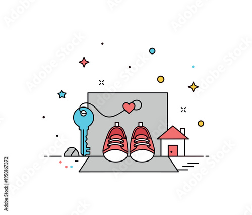 Family milestone moment centered on small baby shoes sitting on a doorstep next to a house key and a tiny heart decoration. Quiet everyday symbol of parenthood