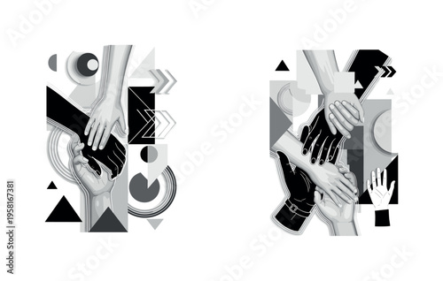 people helping each other, geometric arrows circles and abstract shapes representing solidarity and survival, black and white retro realistic hands and figures