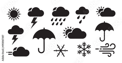 Weather forecast vector icon set. sun, clouds, rain, lightning, umbrella, snow, and wind symbols