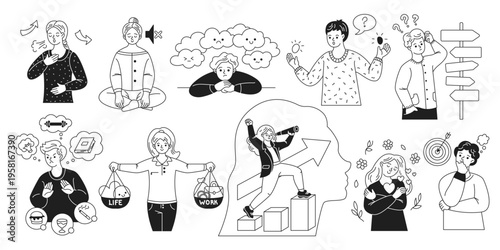 Illustration depicting various emotions and concepts in line art. Characters expressing confusion, happiness, meditation, and decisionmaking on a white background.