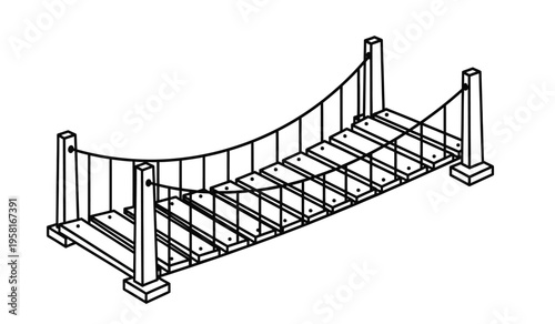 Silhouette of a suspension bridge with a curved cable and metal grating on a white background